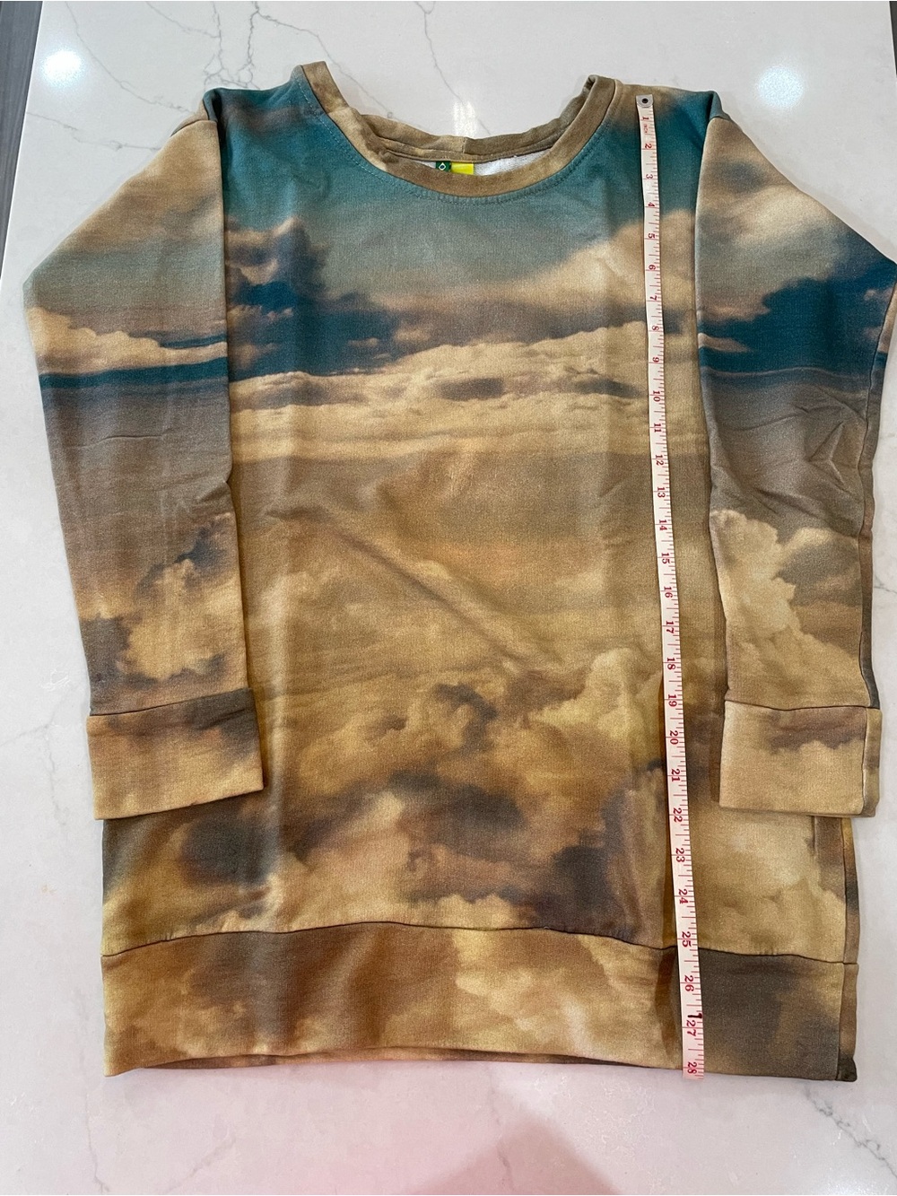 FARM Rio Cloud-Print Crewneck Sweater in Teal and Tan